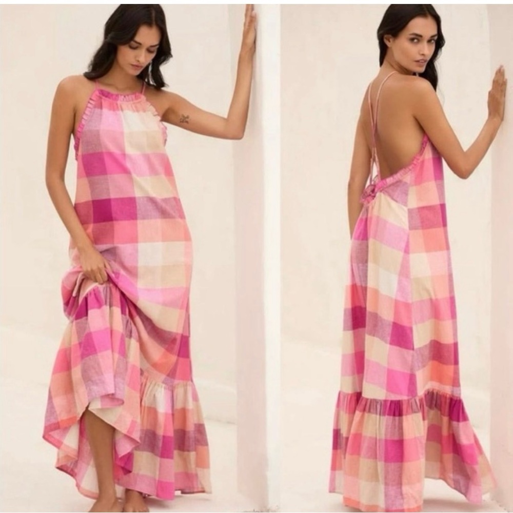Anthropologie Pink Plaid Picnic Maxi Dress Size S